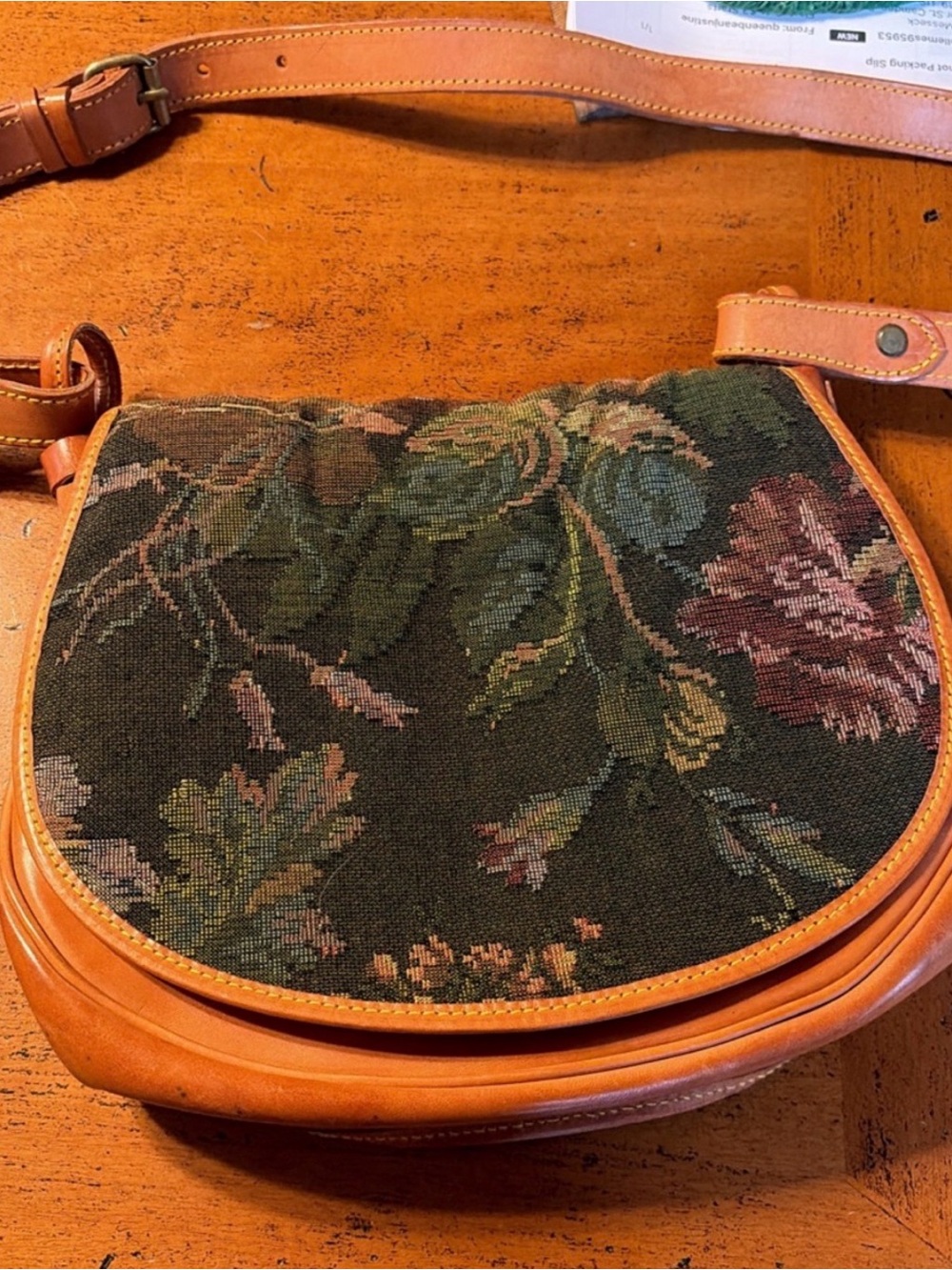 Vintage Ralph Lauren Floral Tapestry Tan Saddle Bag Purse